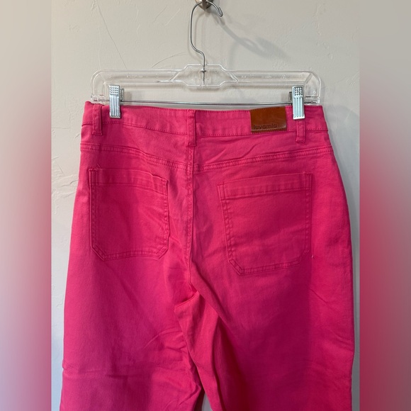 NWT luvamia Vibrant Pink Flared Stretch Denim Pants Size Large - Picture 3 of 9